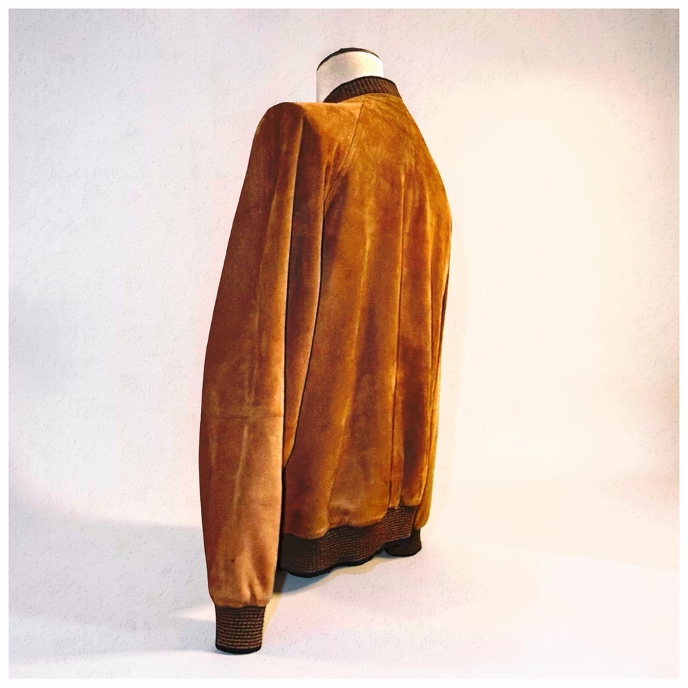 Bijan Men’s Goatskin Suede Bomber Jacket Caramel Cognac Rib Knit Luxury | Large - Picture 6 of 13